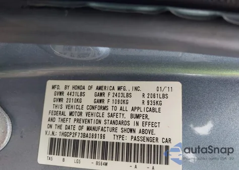 2011 Honda Accord 2.4 Ex z USA, uszkodzony, nr VIN 1HGCP2F73BA089196